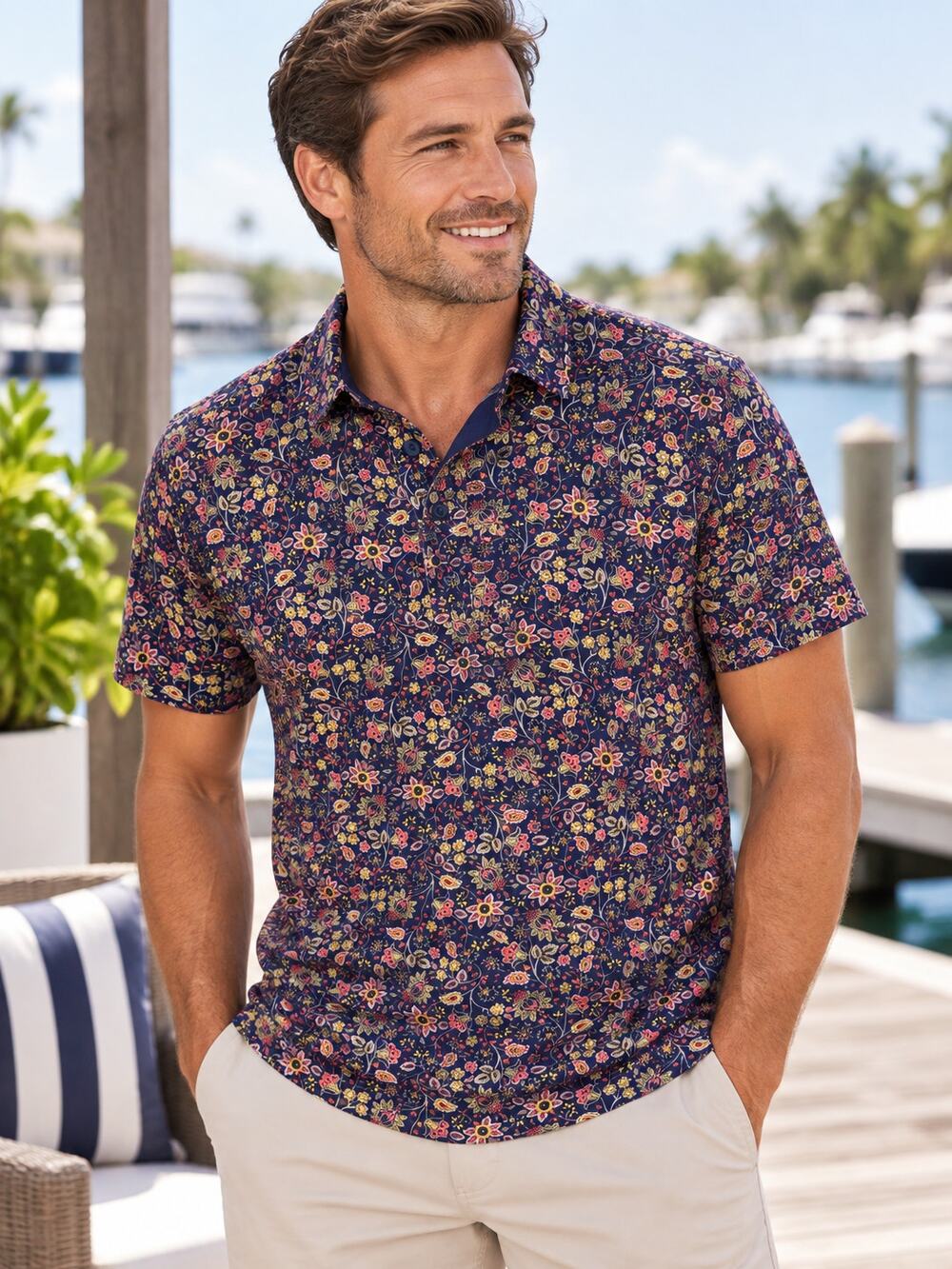 Boden Men’s Medium Navy Floral Paisley Short Sleeve Polo Shirt 100% Cotton